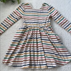 RuffleButts Sunrise Rainbow Striped Girls Dress w/Bow & Pockets 6 EUC